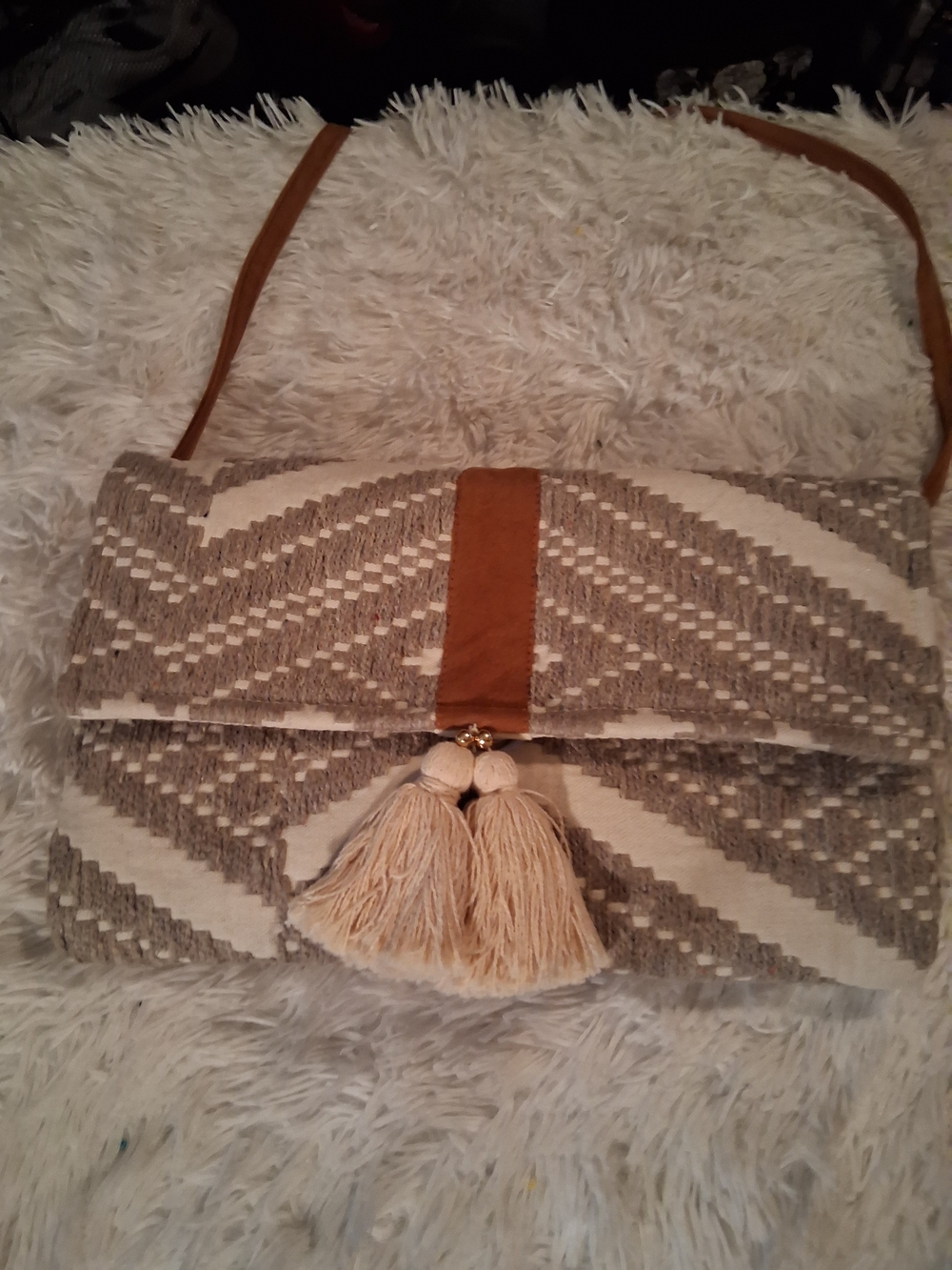 Chevron Tassel Foldover Clutch in Beige and Tan